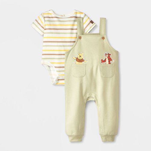 Baby Boys' 2pc Disney Winnie The Pooh Pocket Overalls & Striped Bodysuit Set - Green 18m