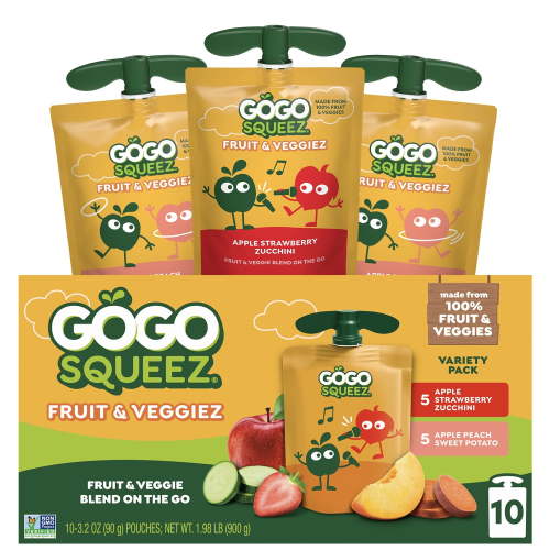 GoGo squeeZ Fruit & VeggieZ Applesauce and Puree Variety Pack, Apple Strawberry Zucchini and Apple Peach Sweet Potato, 3.2 oz Pouches (10 Pack)