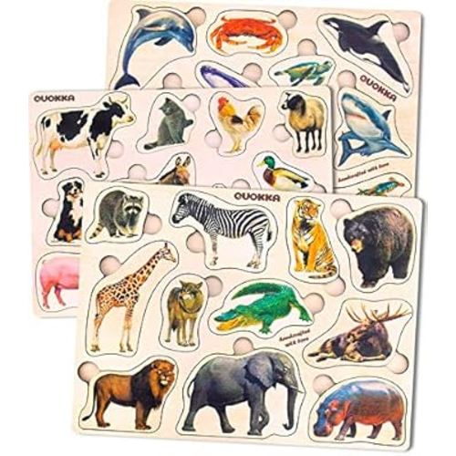 QUOKKA Wooden Puzzles for Toddlers 1-3 – 3xSET Toddler Puzzles AES 2-4 – Montessori Animal Toy Puzzles for Toddlers 3-5 Year Old – Wood Toy Learning Realistic Animals for Boy and Girl