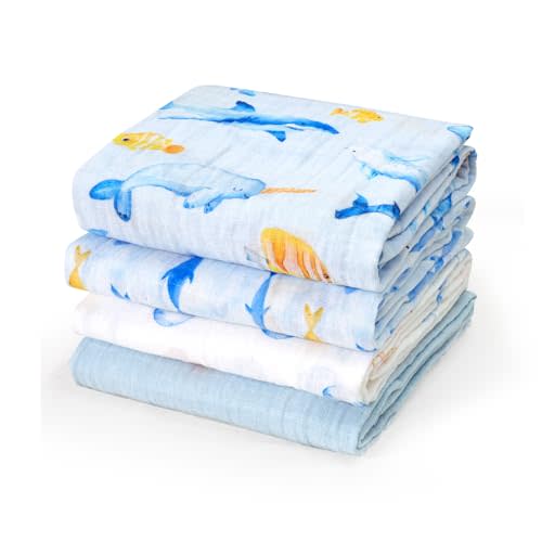 david's kids 4 Pack Baby Muslin Swaddle Blankets, 100% Cotton Swaddling Blankets Wrap for Boys Girls, Ultra Soft Breathable Receiving Blanket, New Born Essentials,Whale