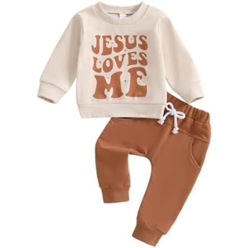 Cdbdttkl Baby Boy Christian Outfit Jesus loves Me Long Sleeve Sweatshirt Jogger Pants Set Cute Infant Church Baptism Clothes
