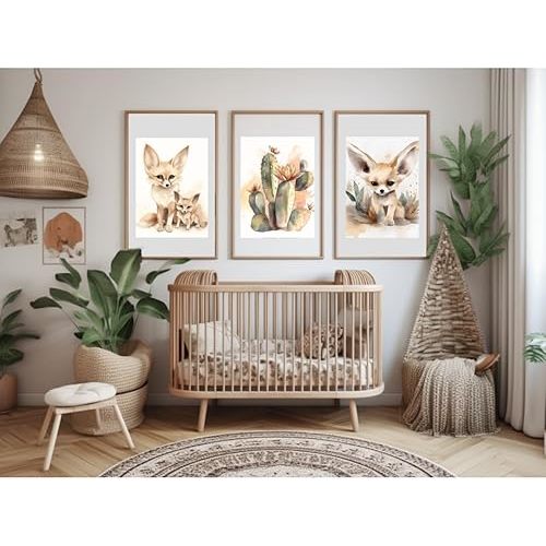 Set of 3, Desert Nursery Decor, Watercolor and Adobe Illustrator, Succulents, Desert Animals, Boho Style (Canvas, 18 x 24 inches)