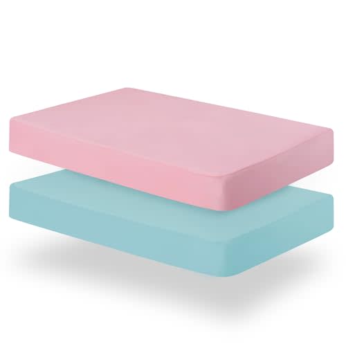 Biloban Crib Sheets Fitted, 2 Pack Crib Sheet Fits for Standard Crib Mattress, Neutral Toddler Bed Sheets for Baby Boys and Girl, Pink & Aqua, 52”X 28”