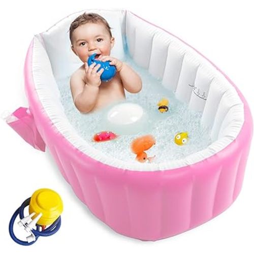 Inflatable Baby Bathtub, Portable Infant Toddler Bathing Tub Non Slip Travel Bathtub Mini Air Swimming Pool Kids Thick Foldable Shower Basin with Air Pump, Pink