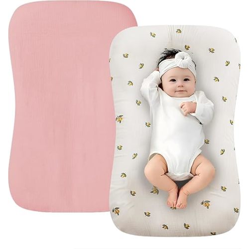 Muslin Baby Lounger Cover, 2 Pack 100% Cotton Soft and Breathable Infant Lounger Cover for Babies 0-24 Months, Removable Newborn Lounger Slipcover Replacement for Boys Girls (Olive Flower,Pink)