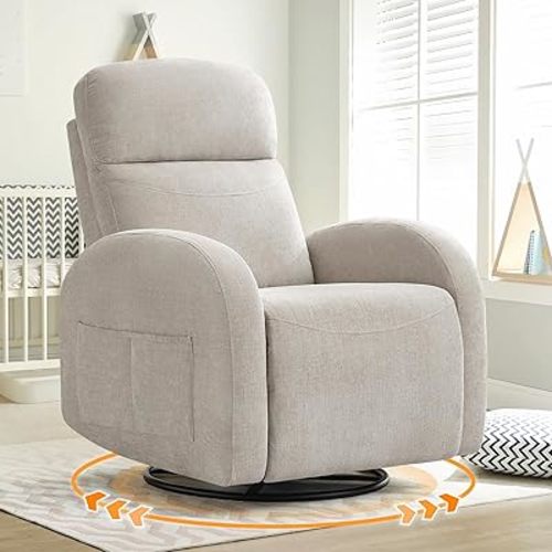Nursery Swivel Rocker Recliner, Manual Nursering Glider Recliner, Chenille Swivel Rocking Nursery Recliners with Double Pockets for Living Room, Camel