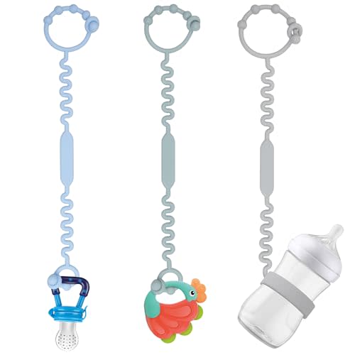 Toy Straps, Pacifier Holder Clip with Self-Adjusting Bayonet, Pure Silicone Material without BPA; Can Be Used for Teethers, Feeding Bottles, Toys, Baby Cribs, High Chairs(Blue-3ps)