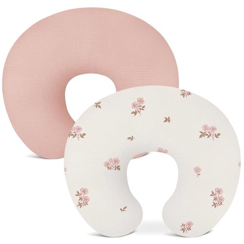 Nursing Pillow Covers 2 Pack, Muslin Nursing Cover for Breastfeeding Pillows, Comfortable for Baby Girls and Boys (Flower G & Pink)
