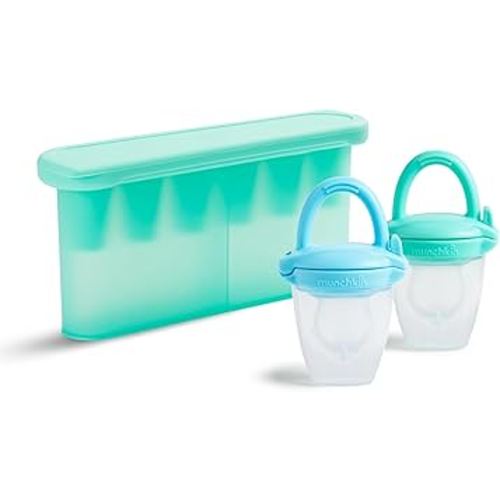 Munchkin® Silicone Baby Food Feeders and Baby Food Freezer Tray with Lid - Great for Self-Feeding and Baby Led Weaning, Mint/Blue