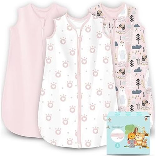 Cute Castle Baby Sleep Sack 0-6 Months - Lightweight 100% Cotton 2-Way Zipper TOG 0.5 Infant Wearable Blanket, Newborn Essentials Toddler Sleep Clothes, 3 Pack(Pink, Bear, Bear Claw)