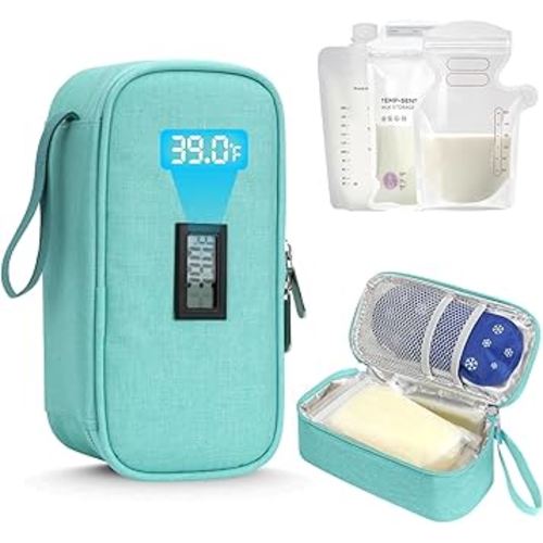 YOUSHARES Breastmilk Cooler Travel Bag with Digital Thermometer, Small Insulated Baby Milk Storage with 2 Ice Packs, Daycare and On-The-Go Moms （Light Green）