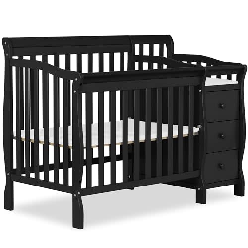 Dream On Me Jayden 4‑in‑1 Mini Convertible Baby Crib & Changer with Storage in Black, Pinewood, GreenGuard Gold & JPMA, 1” Mattress Pad, 3 Mattress Heights, Converts to Mini Day & Twin-Size Bed