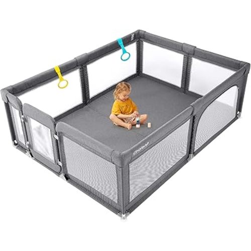Baby Playpen,Large Playpen for Babies and Toddlers,Baby Play Pen Play Yard with Door, Sturdy Baby Fence with Safety Gate,Baby Play Yard with Soft Breathable Mesh,79”x59”Baby Gate Playpen(Cationic)