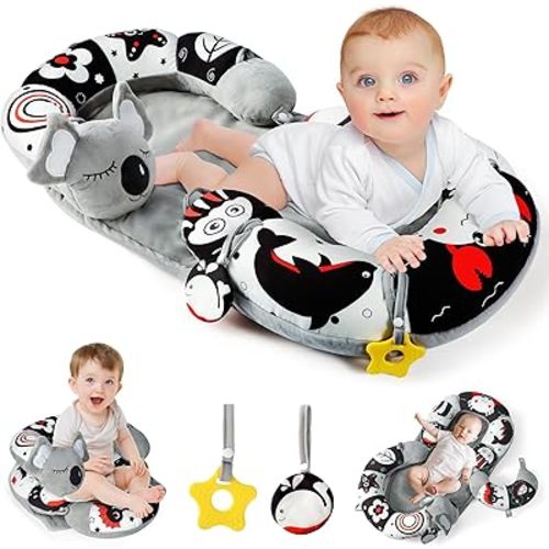 URMYWO 4 in 1 Baby Tummy Time Mat and Seated Support Pillow, Sitting Support for Newborn Infant 0 3 6 12 Months, Caterpillar Seat Baby Sit Me Up Floor Seat Early Development Tummy Time Toys