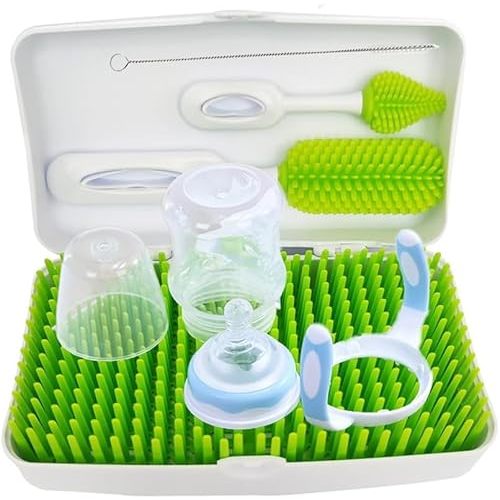 Yeanifeana Travel Baby Bottle Drying Rack, Lawn Countertop Baby Bottle Drying Rack Bundle, Portable Baby Bottle Drying Rack Travel Bottle Cleaner Kit - Baby Travel Gear -Spring Green
