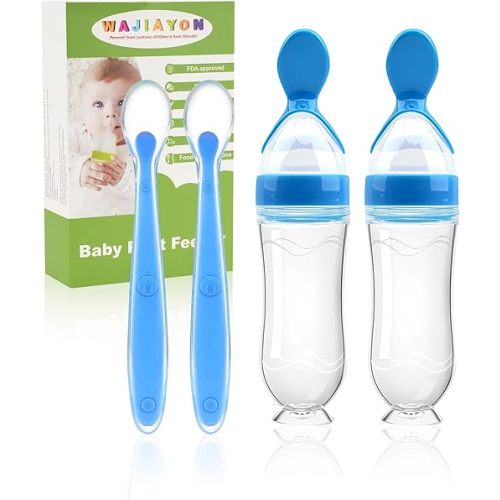 WAJIAYON Baby Food Feeder 4 Pack Silicone Baby Food Dispensing Spoon-3 oz Squeeze Feeding Spoons with Suction Cup for Boys Girl Kids Toddlers - Self Feeding Bottle Spoon-Blue