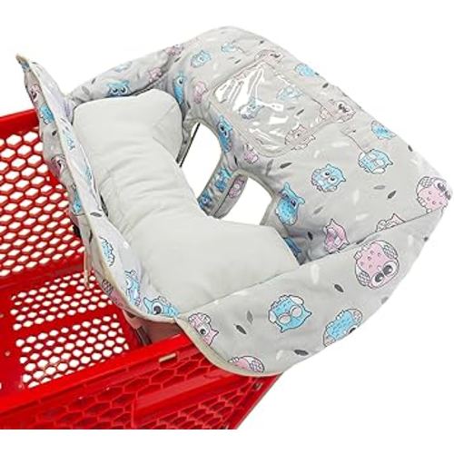 Love&go Soft Pillow Attached 2-in-1 Shopping Cart and High Chair Cover for Baby, Cotton Padded Cart Cover, Fold'n Roll Style, Portable with Carry Bag (Gray Owl)