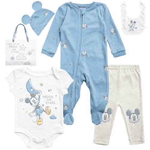 Disney Newborn Baby Layette Set - 7 Piece Mickey/Minnie Mouse & Winnie the Pooh Bodysuit, Coveralls, Sweatpants, Hat, Gift Bag (0-6M)