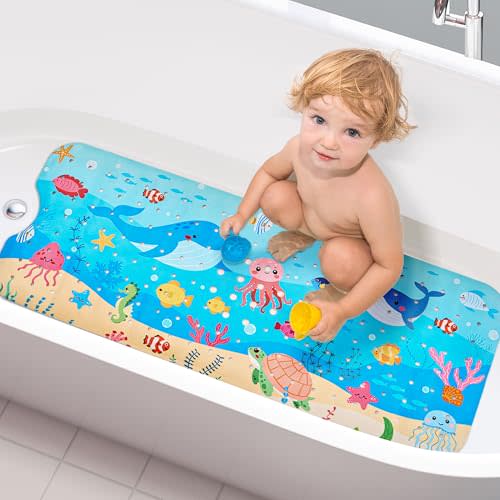 Baby Bath Mat for Tub Non Slip Kids, 40 X 16 Inch Extra Long Bathtub Mat with Drain Holes and Suction Cups, Anti Slip Shower Mat Machine Washable, Whale