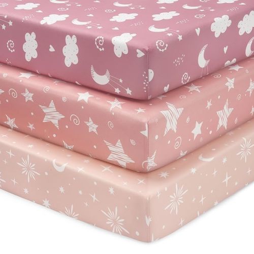 Baby Crib Sheets Girl, 3 Pack Toddler Bed Sheets Fit for 52”x28” Standard Crib and Toddler Mattresses, Super Soft Microfiber Pink Stars