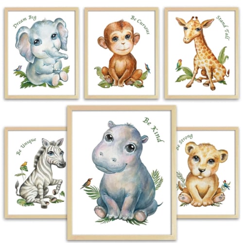 Baby Safari Nursery Wall Decor – Art Prints – 8x10 - Set of 6 Cute Prints + Bonus Stickers - Pictures for Baby Boy Girl Toddler Kids Room - Motivational Quotes - Unframed – Best Gift for Any Occasion
