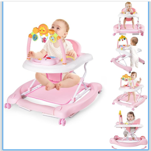 5-in-1 Baby Walker, Baby Walkers for Boys Girls 6-12 Months, Foldable Activity Walker, Toddler Infant Walker with Bouncer, Adjustable Height, Removable Footrest, Feeding Tray, Music