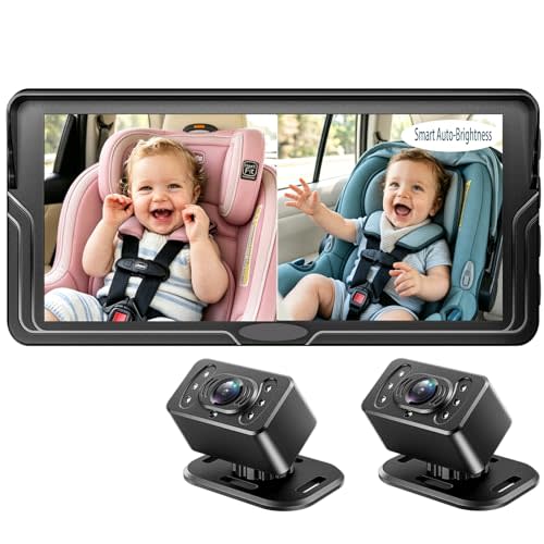 Dual Baby Car Camera for 2 Kids - 6.86 Inch IPS AHD 1080P Split Screen Monitor with 2 Backseat Cameras, Cigarette Lighter & USB Powered, IR Night Vision, 360 Rotatable, Double Rear-Facing Mirror