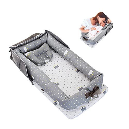 Loevin Baby Lounger with Pillow,Baby Lounger for Newborn Portable,Baby Nest Cosleeping for Baby in Bed Adjustable Size & Strong Zipper Lengthen Space to 24 Months(Crown Grey)