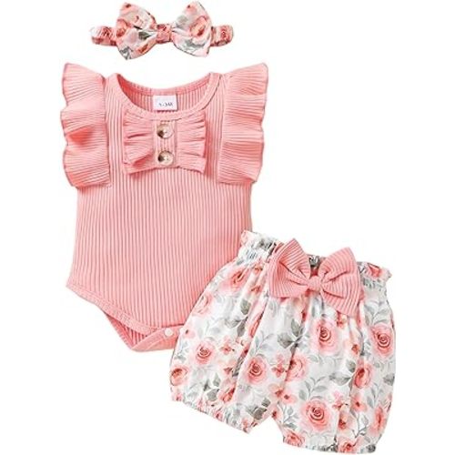 Tiny Cutey Baby Girl Clothes Infant Summer Outfits Set Ruffle Sleeve Romper and Floral Shorts with Headband