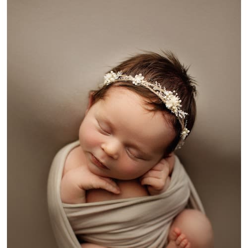 Cute delicate warm grey baby headband with small natural flowers and greenery , baby wreath, star tieback, photoshoot prop, newborn halo