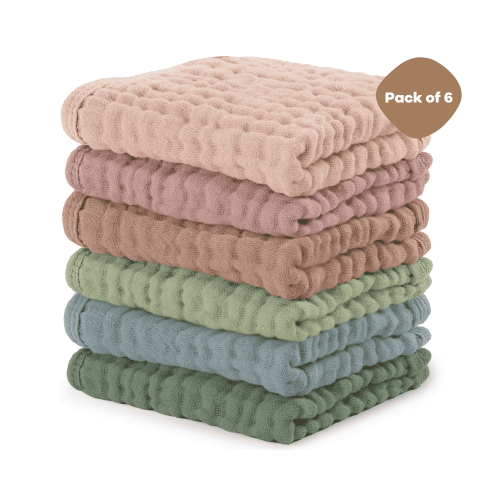 Comfy Cubs Baby Washcloths, Muslin Cotton Baby Towels, Large 10”x10” Wash Cloths (Multi, Pack of 6)