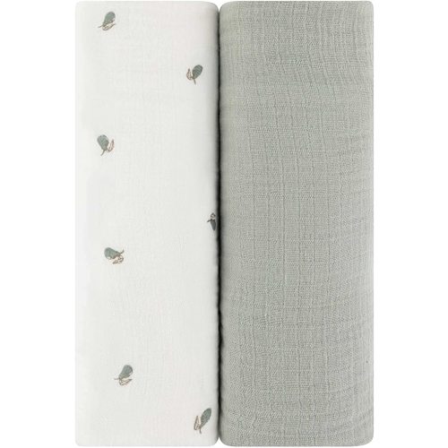 Ely's & Co. Muslin Swaddle Blanket 2-Pack — 100% Cotton Muslin Extra-Large Swaddle Blankets (47” x 47”) Solid + Printed (Sage Pear)