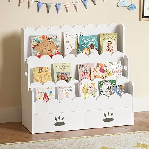 ELYKEN Kids Bookshelf, 3-Tier Bamboo Book Shelf for Kids Rooms, Toddler Bookshelf for Nursery, Montessori Bookcase for Baby, Scalloped Bookshelves for Classroom, Playroom, White