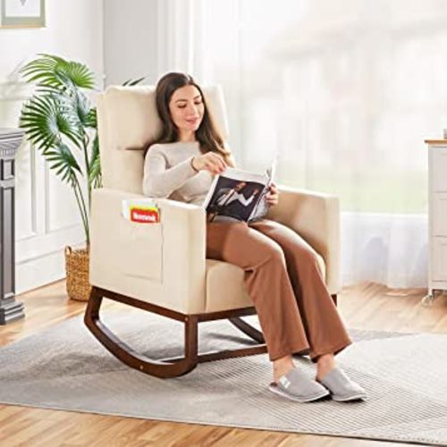 Yaheetech Rocking Chair, Modern Glider Chair, Recliner Armchair with Wood Legs and Side Pocket, Nursery Rocking Accent Chair with High Back for Living Room Bedroom, Beige