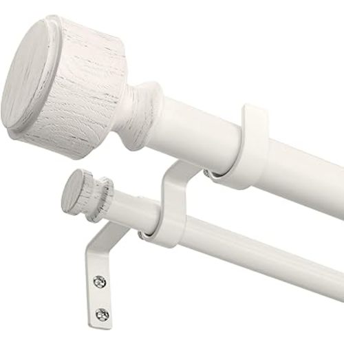 Antique White Wood Double Curtain Rod, Decorative Heavy Duty Double Curtain Rods for Windows 36 to 72 Inch, Adjustable Farmhouse 1" Dual Drapery Pole with Modern Faux Wood Grain Finials