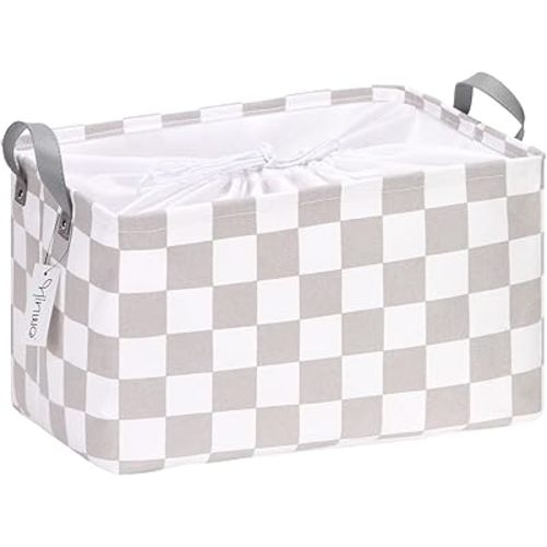 Hinwo Large Canvas Fabric Storage Basket with Handles, 33L/8.6-Gal Rectangle Bin, Collapsible Storage Box, Clothes, Toys, Blankets Organizer, 16.5 x 12 x 10 Inches (L, Grey Checkerboard)