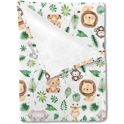 HawSkgFub Safari Jungle African Animals Plant Baby Blanket Boys Gift, Tropical Palm Leaf Flannel Fleece Nursery Bed Receiving Blankets, Soft Lightweight Newborn Toddler Infant Kid Crib Bedding 30 x 40