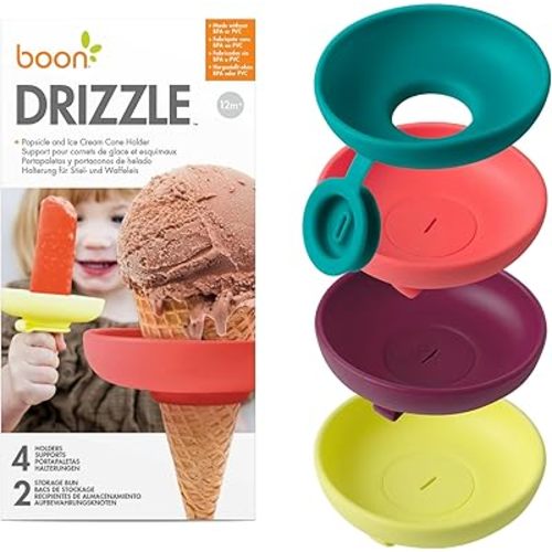 Boon Drizzle Popsicle Holders for Kids - Includes 2 On-the-Go Travel Cases - Catches Drips Before They Drop - Frozen Popsicle and Ice Cream Holder for Summer Days and Birthday Popsicle Party - 4 Count
