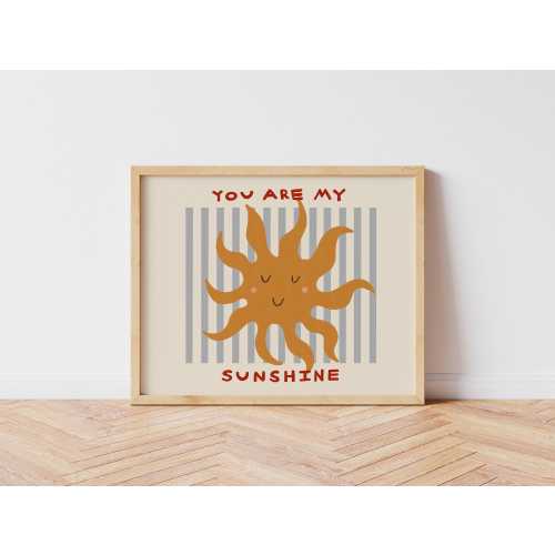 You Are My Sunshine Print, Horizontal Toddler Room Print, Blue Stripes, Sun Illustration Wall Art, Nursery Art Print, Play Room, UNFRAMED
