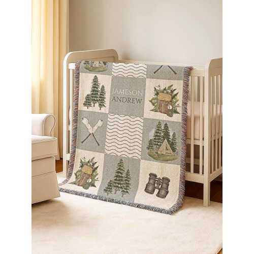 Wilderness Baby Blanket: Personalized Camping Patchwork Blanket Woven Cotton or Fleece Adventure Name Blanket Newborn Boy Outdoor Blanket