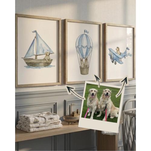 Set of 3 Custom Dog Portraits with Travel Watercolor Prints: Neutral Nursery Decor (Digital Download)
