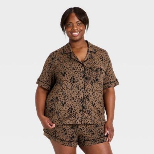 Women's Cloud Knit Modal Short Sleeve Notch Collar Top and Shorts Pajama Set - Auden™ Leopard Printed M