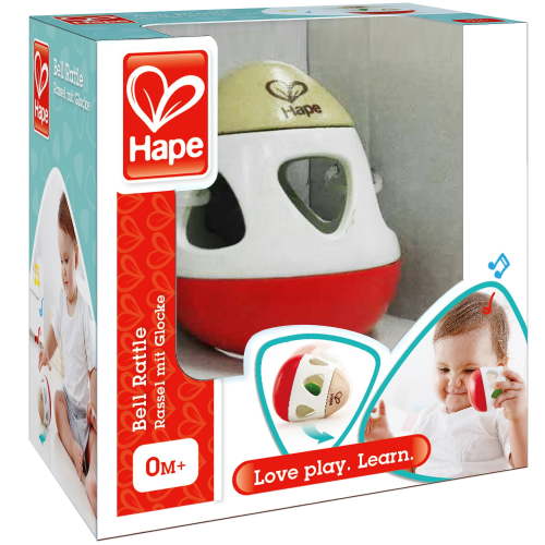 Hape: Bell Rattle - Red-White-Green, Egg Shaped Easy Grip Shake Toy, Roly Poly, Rolls & Loops Back, Soft Sounds Sensory Play, Infant & Babies Age 0mo+