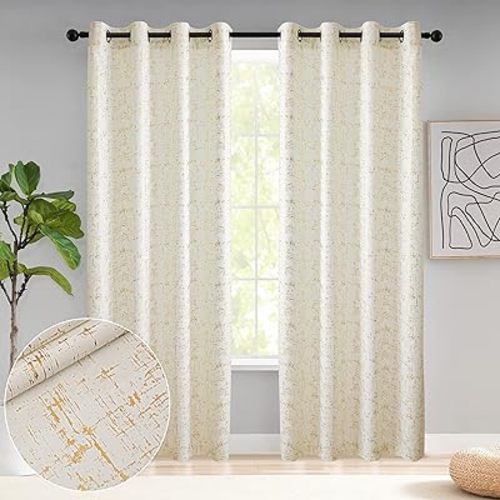 Taisier Home Gold Foil Print Linen Textured Curtains - Geometric Dots Pattern Design for Bedroom & Living Room - Thermal Insulated Window Treatment, 2 Panels, 84" L, Off White and Gold