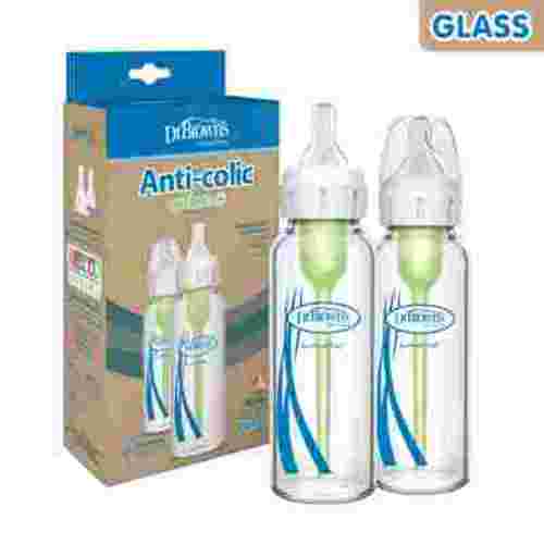 Dr. Brown's Natural Anti-Colic Glass Baby Bottle, 2 Pack, 8 oz with Slow Flow Nipple, 0m+