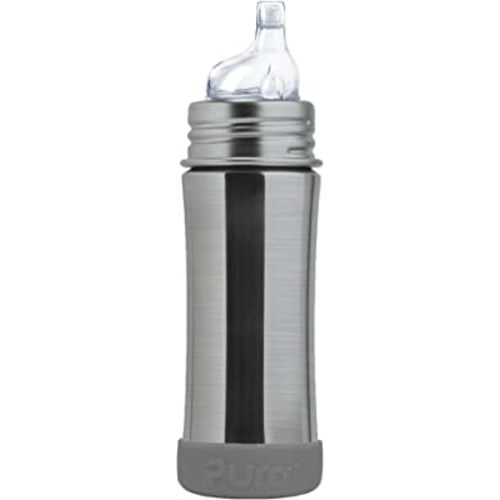 Pura Kiki 11oz/325ml Stainless Steel Sippy Cup Bottle w/Sleeve, Plastic-Free, MadeSafe Certified, Medical-Grade XL Silicone Sipper Spout Fast Flow for Kids, Toddlers, Babies & Infant - Slate Bumper
