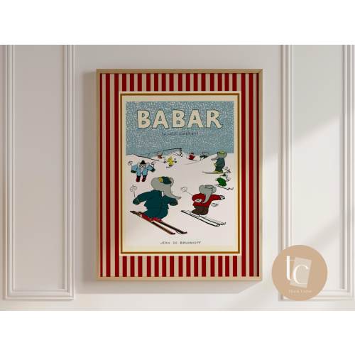 Babar the elephant ski in the snow nursery wall art retro kids decor quote wall art genre neutral baby wall art illustration nursery print