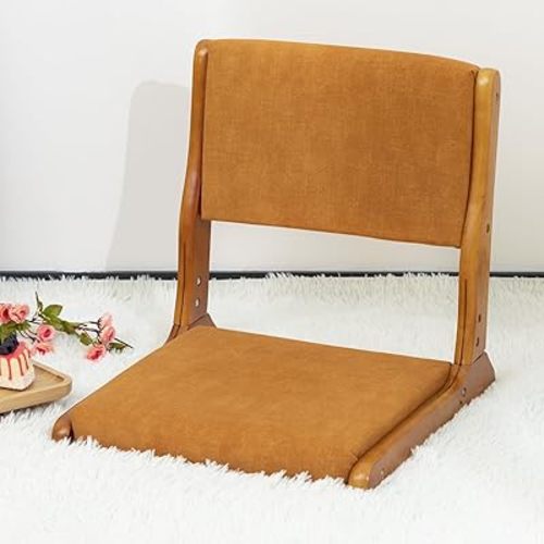 HollyHOME Foldable Japanese Style Floor Chair with Back Support, Tatami Chair with Cushion, Meditation Seat for Bay Window, Living Room, Bedroom, Pumpkin Color