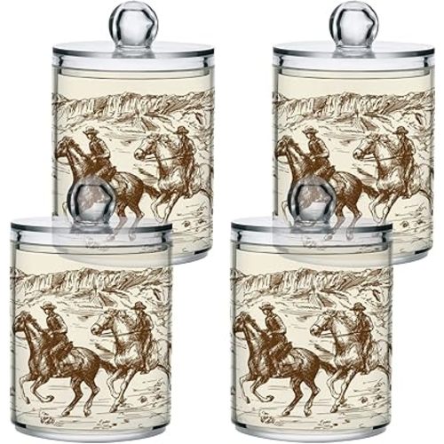 4PCS American West Cowboy Qtip Holder Dispenser with Lids - Apothecary Jar Containers for Vanity Organizer Storage - Plastic Food Storage Canisters
