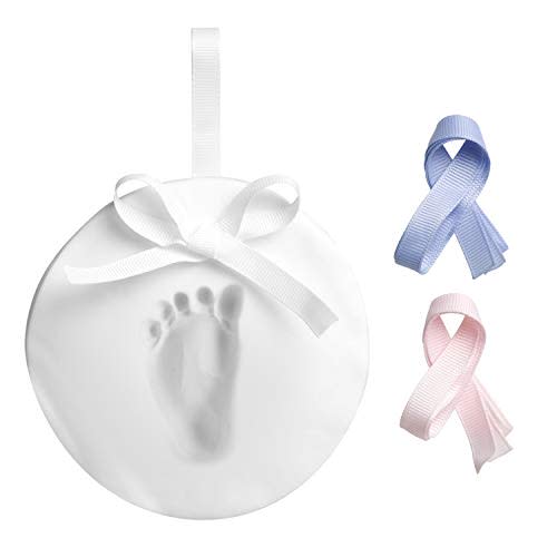 Pearhead Baby Handprint or Footprint Kit, My First Christmas Ornament, DIY Clay Keepsake Kit, Gift For New And Expecting Parents, 3 Multicolored Ribbons For Baby Girl or Baby Boy
